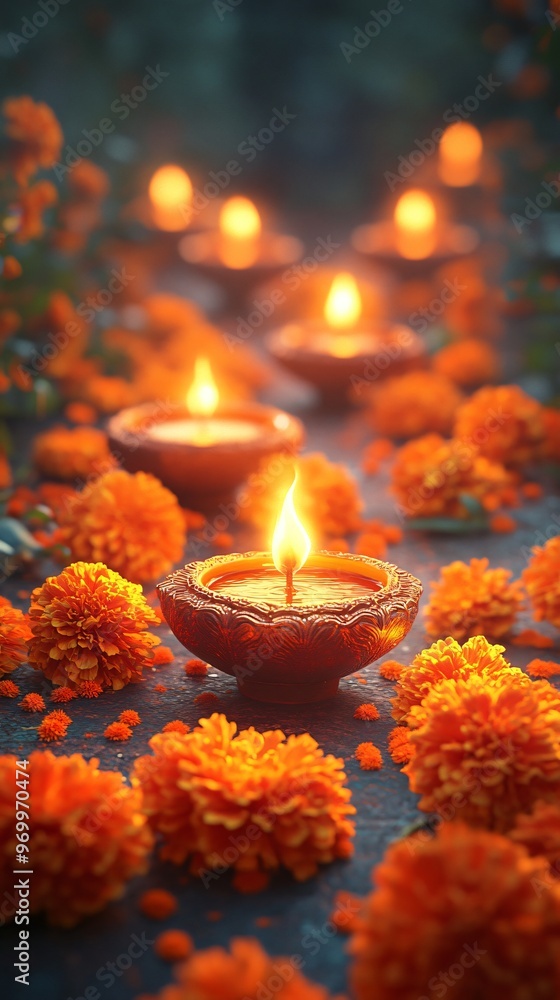 Diwali oil lamps on floral background Diwali oil lamps on floral background