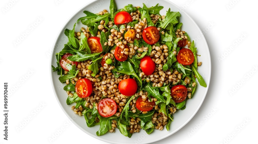 Fresh arugula and tomato salad with buckwheat and peas on white plate Fresh arugula and tomato salad with buckwheat and peas on white plate