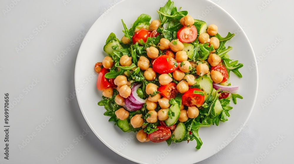 Delicious mediterranean chickpea salad with fresh vegetables and greens on white plate Delicious mediterranean chickpea salad with fresh vegetables and greens on white plate