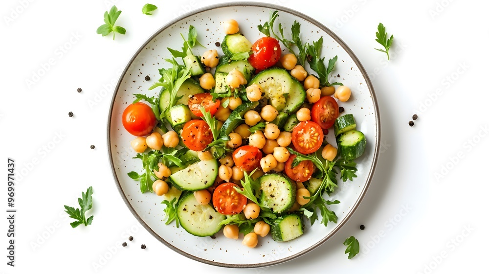Fresh chickpea salad with cherry tomatoes, cucumbers, and arugula on white plate Fresh chickpea salad with cherry tomatoes, cucumbers, and arugula on white plate