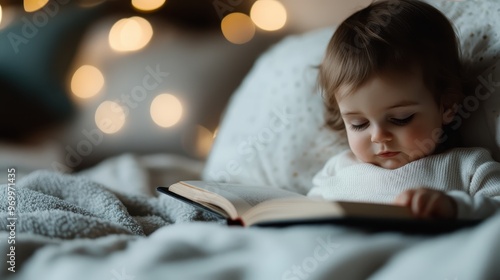 A child engrossed in reading a book while lying in bed, surrounded by soft, warm lights, creating a cozy and serene bedtime atmosphere.