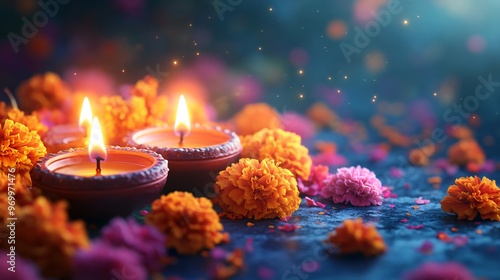 Diwali oil lamps on floral background