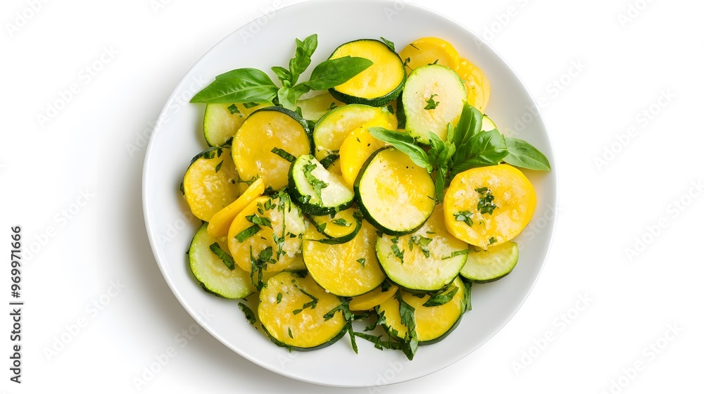 Fresh sliced zucchini salad with herbs and basil garnish in white bowl Fresh sliced zucchini salad with herbs and basil garnish in white bowl