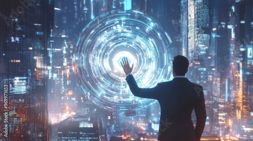 Man in Suit Reaching Towards Futuristic Interface in Urban Setting