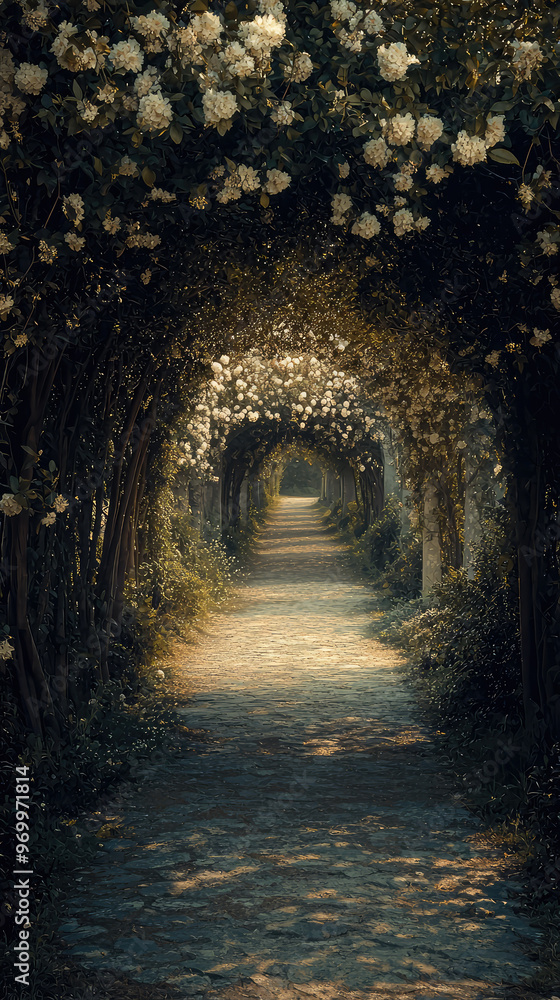 A serene view of an ancient pathway lined with trees and flowers, inviting tranquility A serene view of an ancient pathway lined with trees and flowers, inviting tranquility