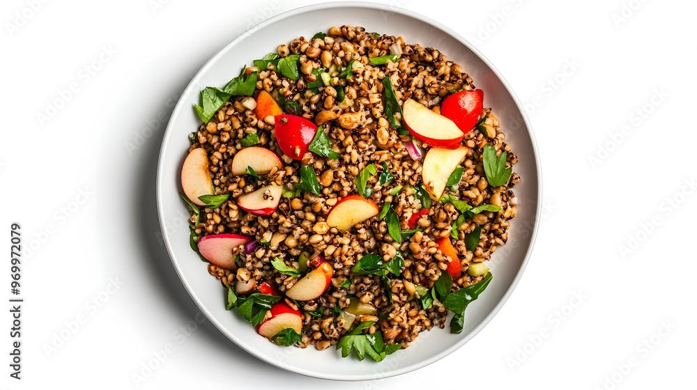 Fresh buckwheat salad with apples and herbs in a white bowl on a white background Fresh buckwheat salad with apples and herbs in a white bowl on a white background
