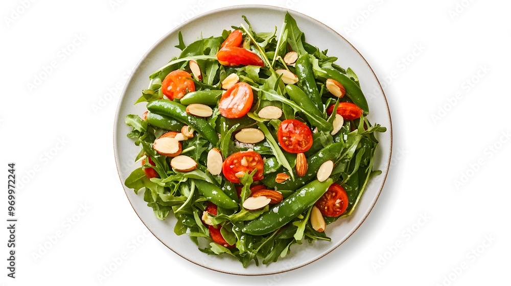 Fresh arugula salad with snap peas, cherry tomatoes, and almonds on white plate Fresh arugula salad with snap peas, cherry tomatoes, and almonds on white plate
