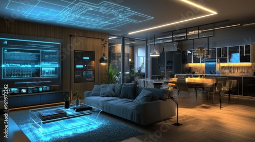 Modern Living Room with Futuristic Smart Home Technology and Blue Light