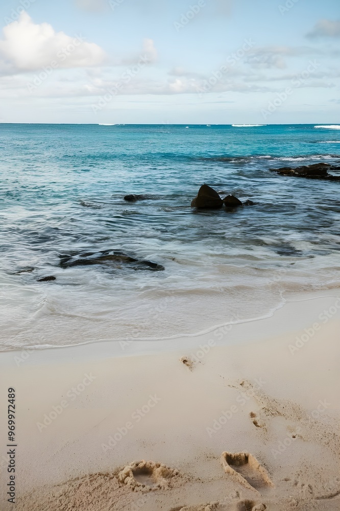 Fototapeta premium A tropical blue ocean with clear waters with white sand at the bottom.