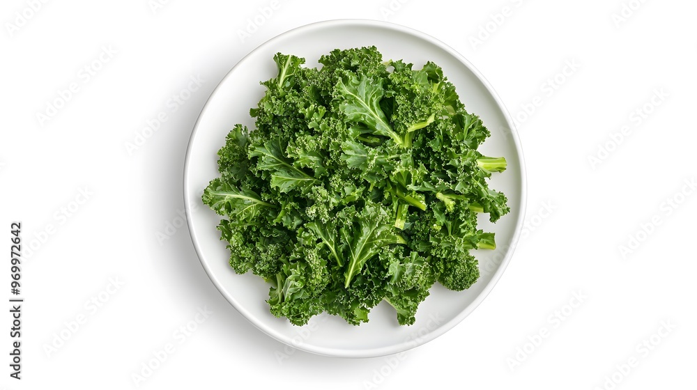 Plate of fresh green kale on white background with vibrant leaves Plate of fresh green kale on white background with vibrant leaves