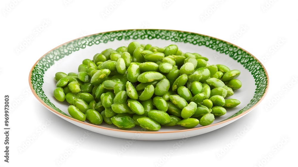 Fresh edamame beans in white bowl with green patterned rim on white background Fresh edamame beans in white bowl with green patterned rim on white background