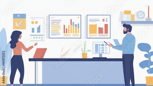 A businessman and finance analyst examine financial reports and economic growth graphs. They strategize, plan, and find solutions for budget management, business success, and financial investments. 