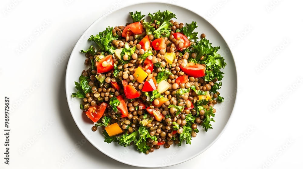 Fresh lentil salad with kale, tomatoes, and peppers on a white plate Fresh lentil salad with kale, tomatoes, and peppers on a white plate