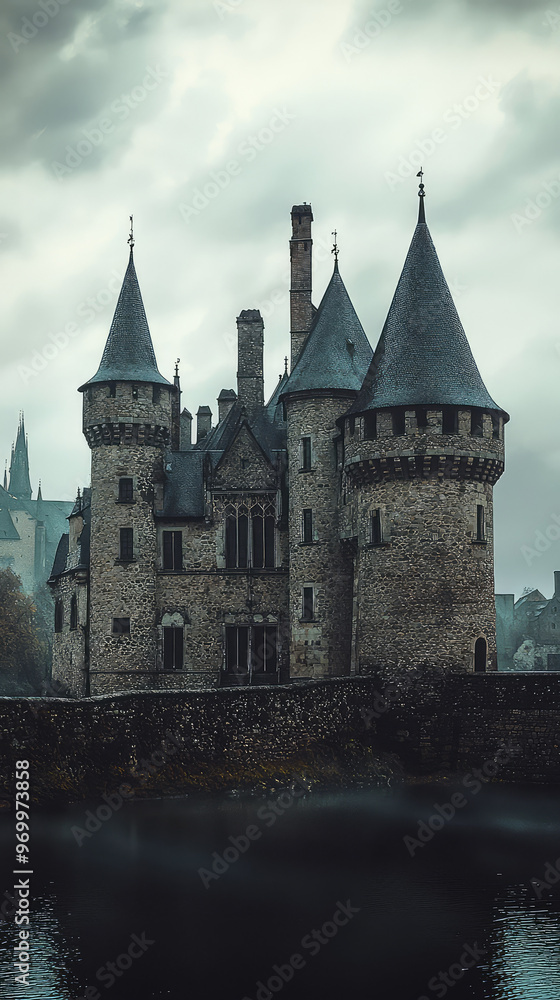 Fototapeta premium A historic castle with turrets stands majestically by water, evoking sense of mystery