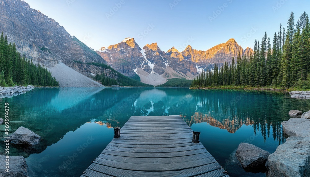 Wooden Dock Extending into Calm Turquoise Lake Surrounded by Majestic Mountains Wooden Dock Extending into Calm Turquoise Lake Surrounded by Majestic Mountains