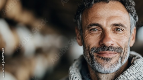 A smiling man with a beard and gray hair wearing a cozy sweater, appearing content and relaxed with a softly blurred background in a warm setting.