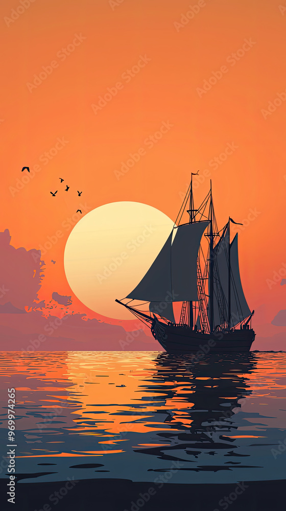Fototapeta premium A serene illustration of an ancient ship sailing on calm waters at sunset
