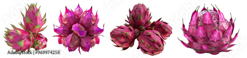 Dragon fruits isolated on transparent background, set of