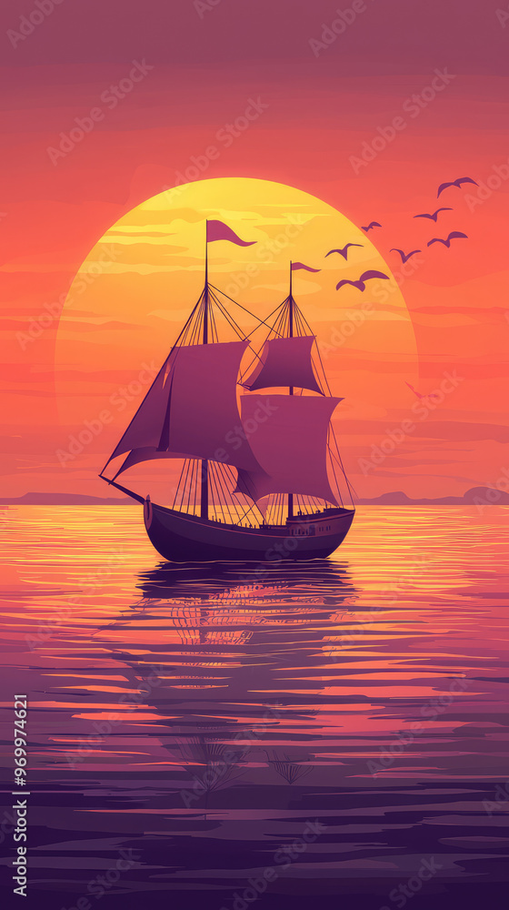 Obraz premium A simple illustration of an ancient ship sailing on calm sea at sunset