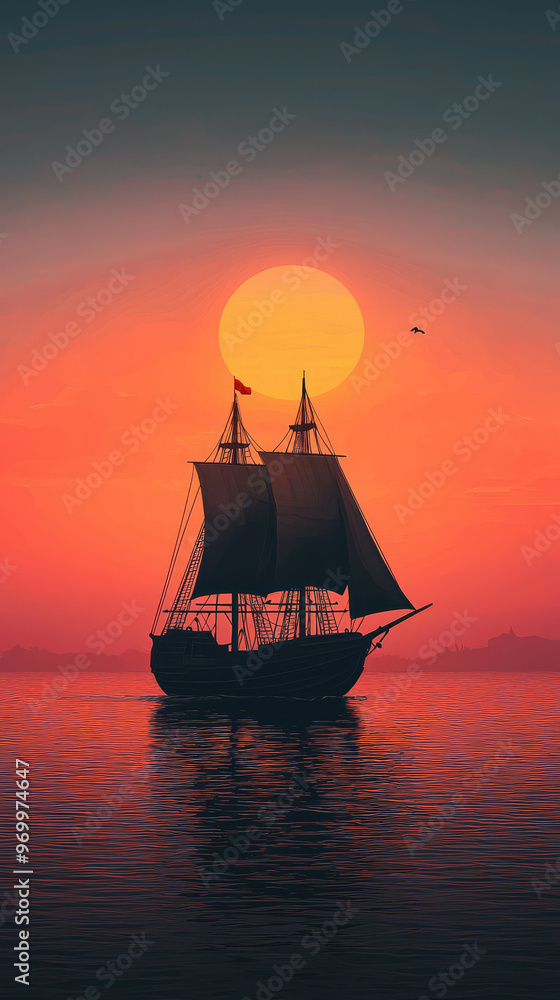 Fototapeta premium A serene ancient ship sailing at sunset, creating peaceful atmosphere