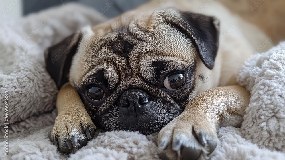 Adorable Pug Resting on a Cozy Blanket with Paw Gently Touching Its Head, Capturing a Heartwarming Moment of Relaxation and Comfort Adorable Pug Resting on a Cozy Blanket with Paw Gently Touching Its Head, Capturing a Heartwarming Moment of Relaxation and Comfort
