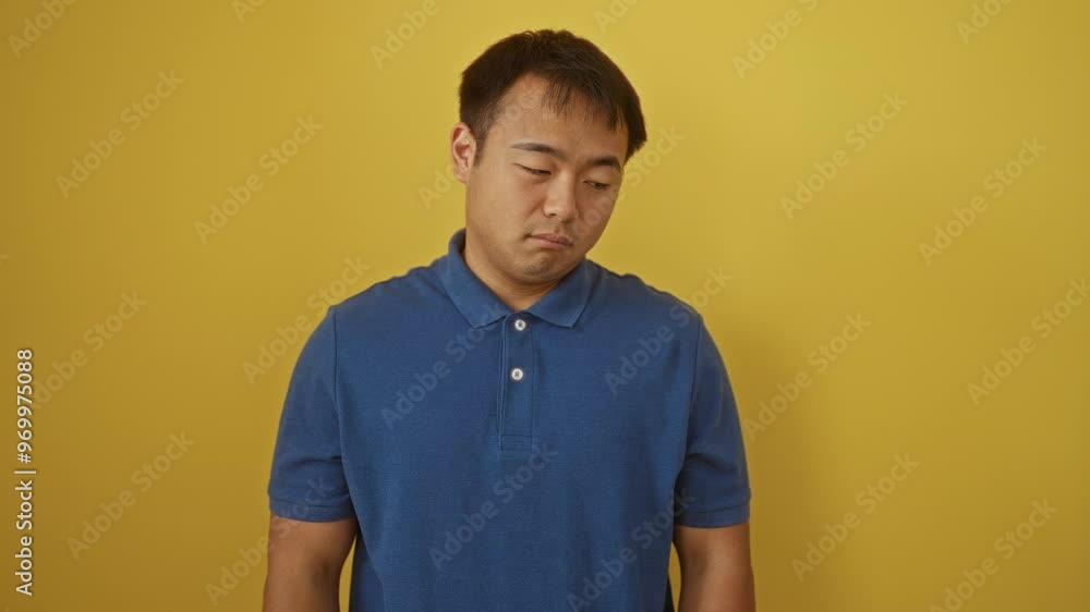 Sad and depressed young chinese man standing with angry and worried expression over isolated yellow background, crying in distress and afraid of stress Sad and depressed young chinese man standing with angry and worried expression over isolated yellow background, crying in distress and afraid of stress