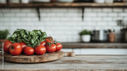 Image showcases fresh tomatoes paired with basil leaves arranged on a rustic wooden chopping board in a modern kitchen, highlighting their culinary use and freshness.