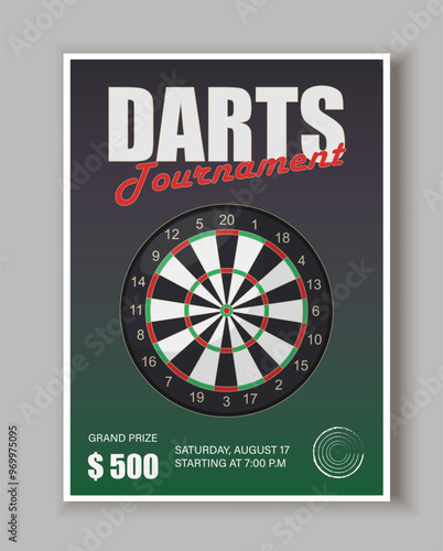 Darts tournament poster. Dartboard and bullseye. Competition and tournament. Championship and league. Hobby and leisure, entertainment. Flat vector illustration isolated on grey background