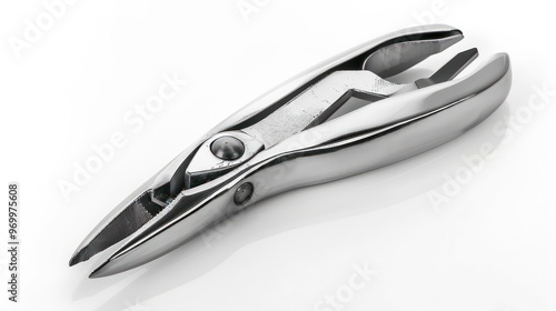 Close-up of a stainless steel dental extraction pliers, isolated on a white background.