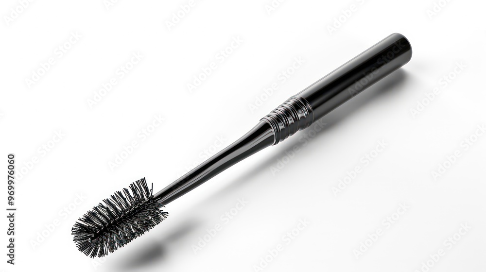 A black mascara wand with a brush on a white background. A black mascara wand with a brush on a white background.