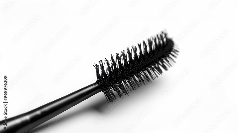 A close-up of a black mascara wand against a white background. A close-up of a black mascara wand against a white background.