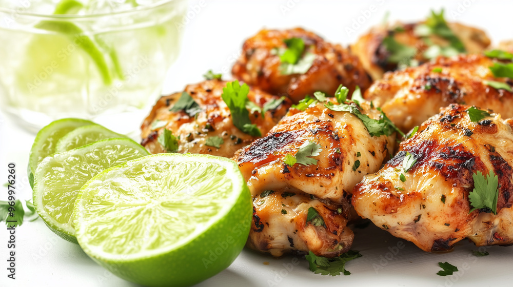 Grilled chicken thighs garnished with fresh cilantro served with lime wedges in a vibrant and appetizing presentation. Grilled chicken thighs garnished with fresh cilantro served with lime wedges in a vibrant and appetizing presentation.