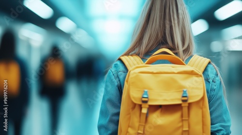 A back view of a person with long blonde hair carrying a yellow backpack in an indoor setting, capturing a moment that blends youthful energy with practical functionality.