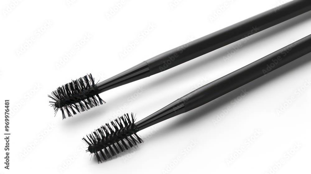 Two black mascara wands with bristle brushes isolated on white background. Two black mascara wands with bristle brushes isolated on white background.