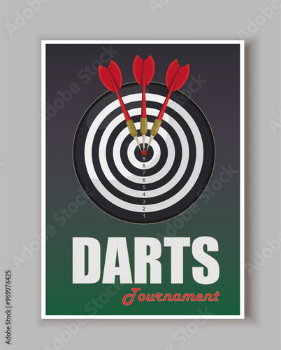 Darts tournament poster. Dartboard and bullseye. Competition and tournament. Championship and league. Active lifestyle and sport. Flat vector illustration isolated on grey background