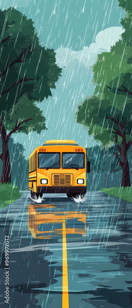 Obraz premium School bus in heavy rain, water splashing on road, flat design illustration