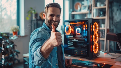 Man giving a thumbs-up in front of a custom-built gaming computer with red LED lighting