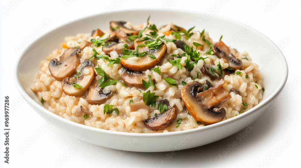 Mouthwatering mushroom risotto in a white bowl garnished with fresh parsley, showcasing a delicious, creamy texture and rich flavors. Mouthwatering mushroom risotto in a white bowl garnished with fresh parsley, showcasing a delicious, creamy texture and rich flavors.
