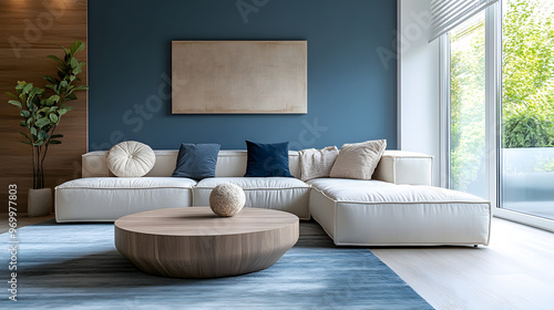 A contemporary living room with an accent wall and designer furniture.