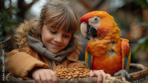 A boy and girl eagerly offering seeds to a parrot inside a spacious cage, cheerful and engaged expressions