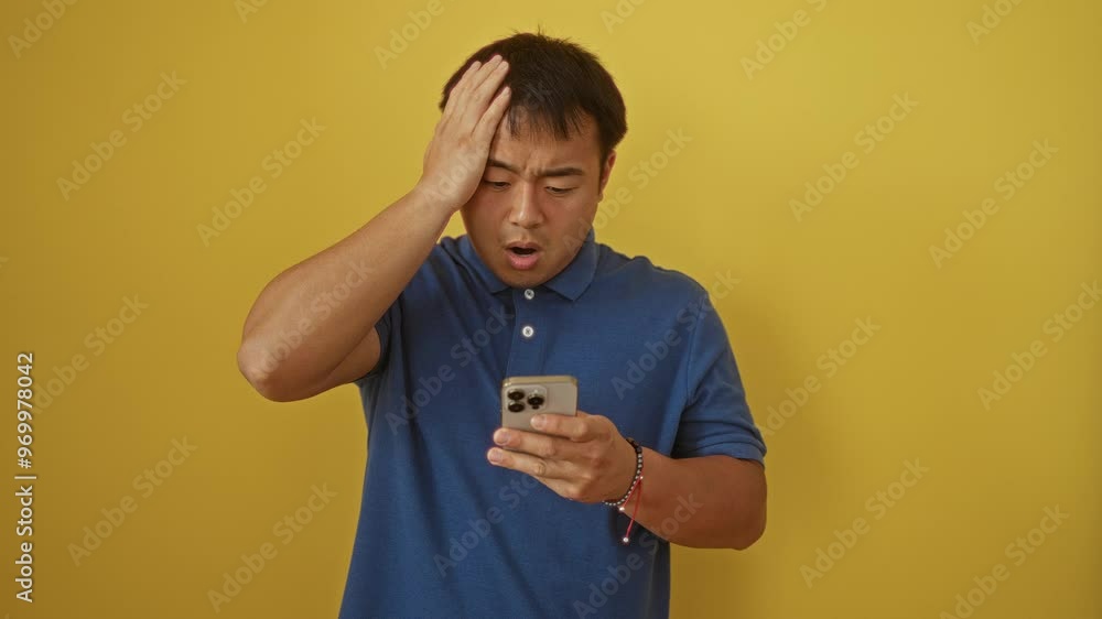 Young chinese man stressed and angry holding smartphone over isolated yellow background, frustrated and shocked, hand on head, depressed expression Young chinese man stressed and angry holding smartphone over isolated yellow background, frustrated and shocked, hand on head, depressed expression