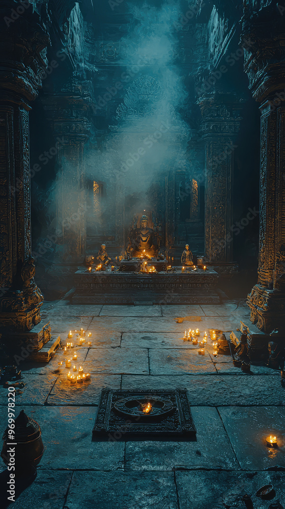 Ancient ritual, candles, smoke, temple, spiritual atmosphere Ancient ritual, candles, smoke, temple, spiritual atmosphere