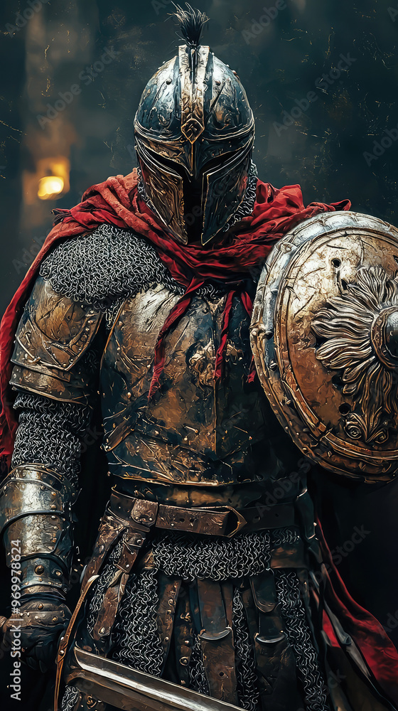 Ancient warrior in armor, holding shield, exuding strength and bravery