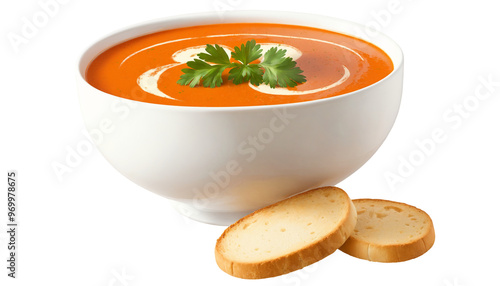 Tomato soup with bread on a transparent background