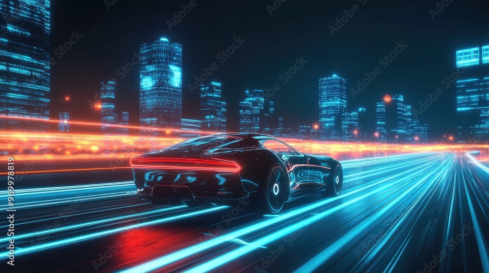Futuristic Car Driving Through Neon City. Futuristic Car Driving Through Neon City.