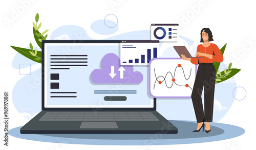Woman with data at laptop. Young girl evaluates statistics and infographics. Cloud service at laptop. Data visualization. Electronic storage and archive, database. Flat vector illustration