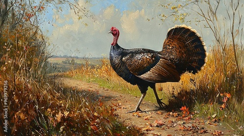   A turkey strolls through tall and dried grass, beneath a cerulean sky photo