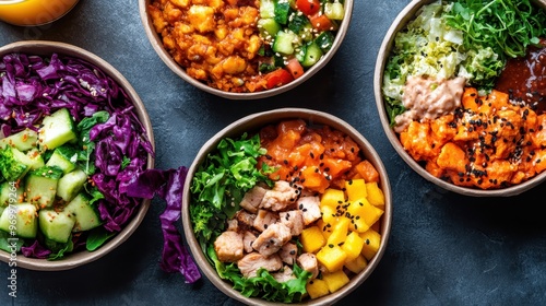 Four bowls filled with a colorful array of salads, including ingredients like chicken, mango, and greens, placed on a dark gray table, highlighting a healthy and vibrant food choice.