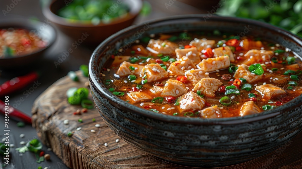A bowl of hot and sour soup served in a traditional Chinese restaurant A bowl of hot and sour soup served in a traditional Chinese restaurant