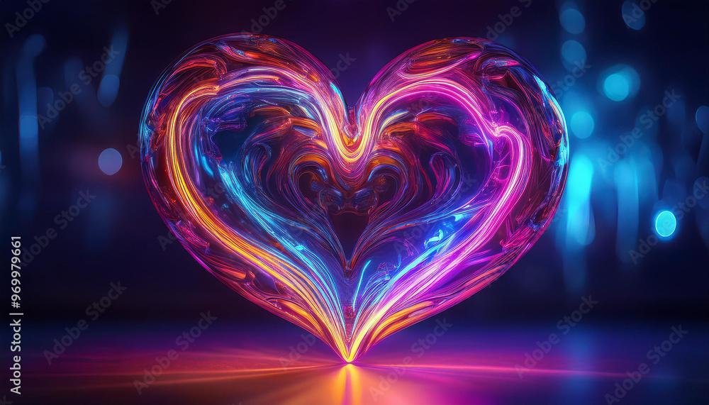 Psychedelic heart with swirling neon lights against dark moody backdrop, distorted, surreal effect. Psychedelic heart with swirling neon lights against dark moody backdrop, distorted, surreal effect.